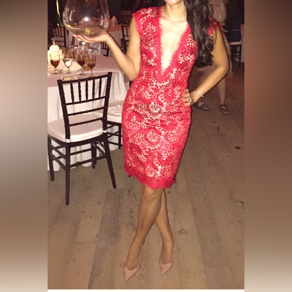 Jovani red lace and beaded knee length dress. Size 0